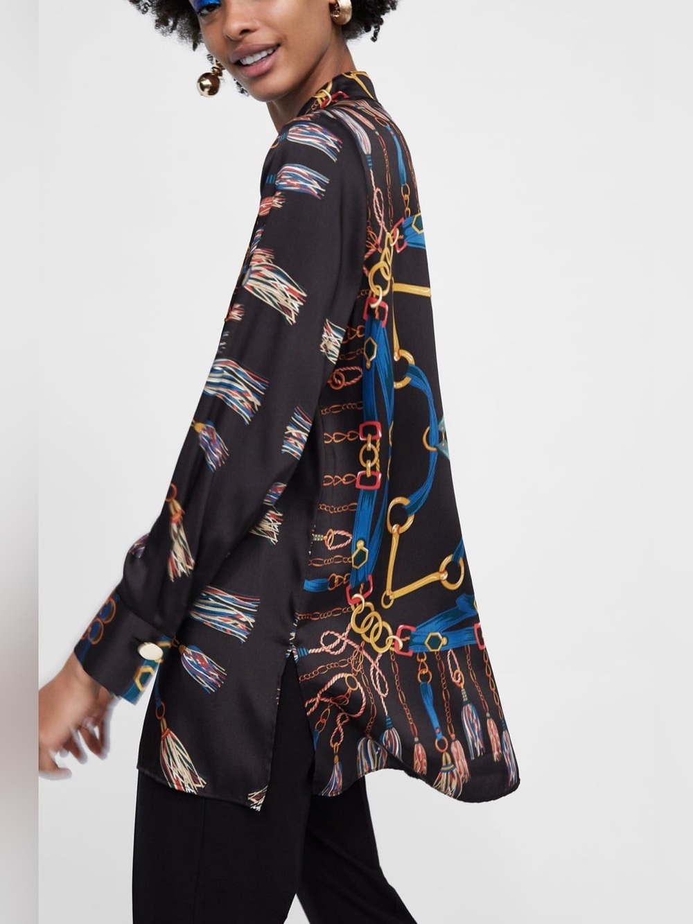Zara Black Chain Print Shirt Silk-Feel Long Sleeve Button Up Blouse Size Small - Picture 3 of 9